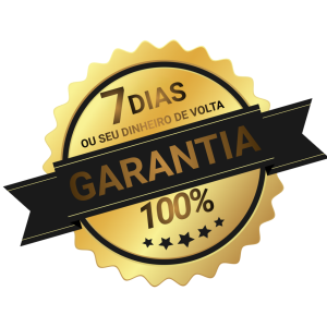 Selo circular de garantia em destaque sobre fundo totalmente preto. O selo é dourado, com borda serrilhada, lembrando um carimbo ou medalha. No topo do círculo, em letras maiúsculas, está escrito “7 DIAS OU SEU DINHEIRO DE VOLTA”. Atravessando o centro do selo na horizontal, há uma faixa preta com o texto “GARANTIA 100%” em destaque, também em dourado, e logo abaixo há quatro pequenas estrelas douradas alinhadas horizontalmente. O contraste entre o dourado e o preto reforça a ideia de segurança e confiança.